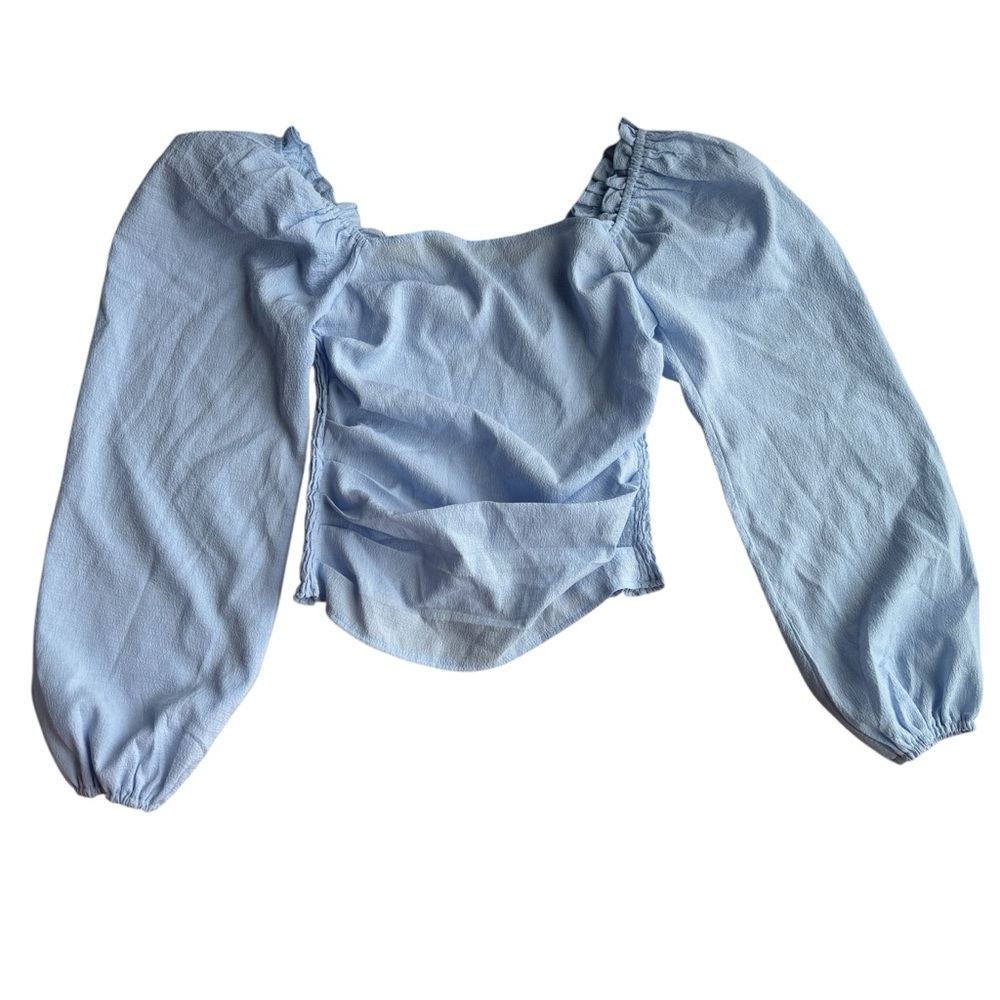 2/$10 SHEIN Light Blue Puff Sleeve Smocked Top stretchy ruched top size S